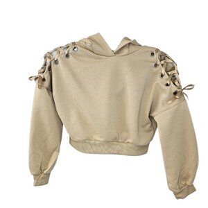 SHEIN Girls Cat Ear Hoodie, Lace Up Arm, Crop,Pullover,  Beige, Size 10Y